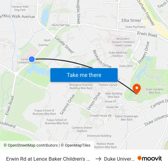 Erwin Rd at Lenox Baker Children's Hospital to Duke University map
