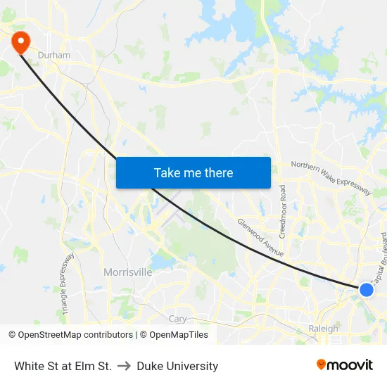White St at Elm St. to Duke University map