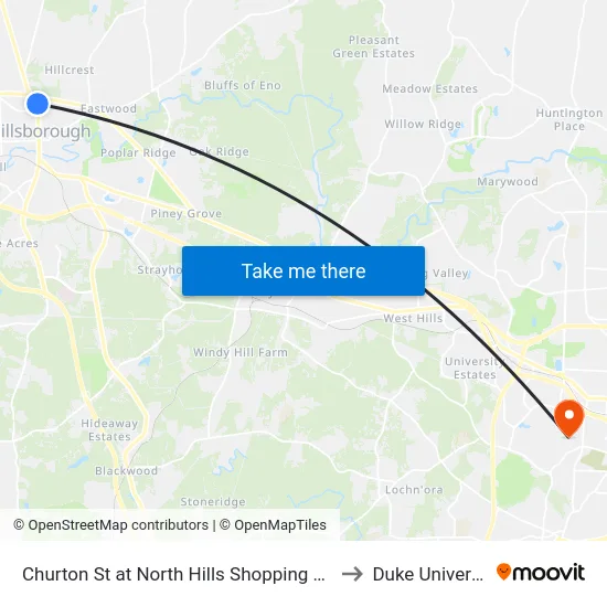 Churton St at North Hills Shopping Center to Duke University map
