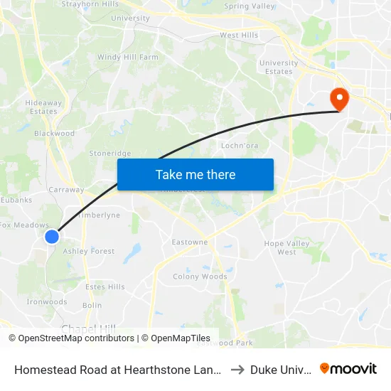 Homestead Road at Hearthstone Lane Northbound to Duke University map