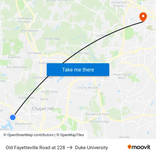 Old Fayetteville Road at 228 to Duke University map