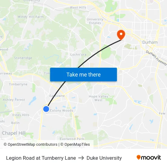 Legion Road at Turnberry Lane to Duke University map