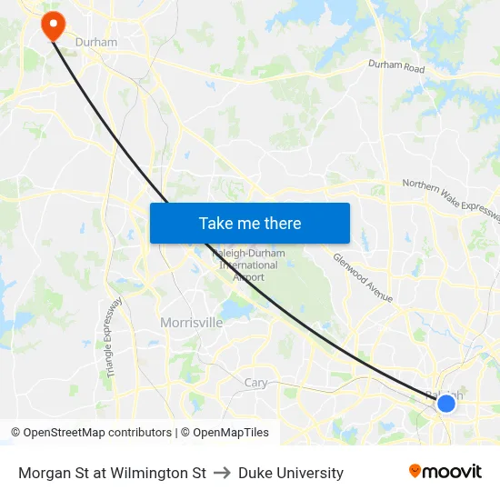 Morgan St at Wilmington St to Duke University map
