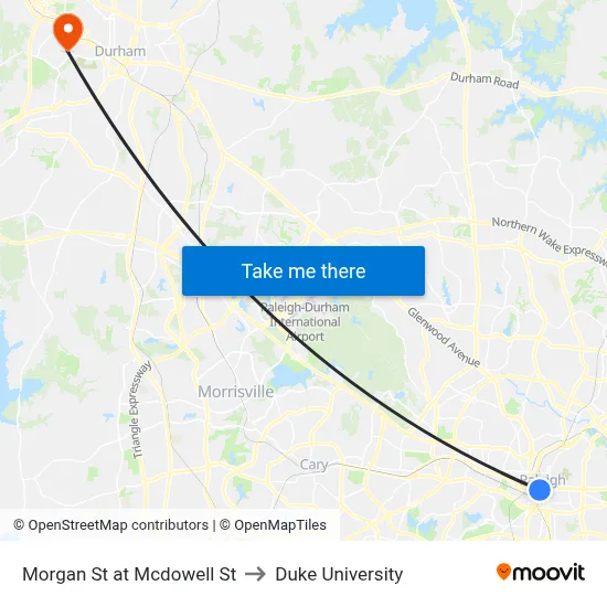 Morgan St at Mcdowell St to Duke University map