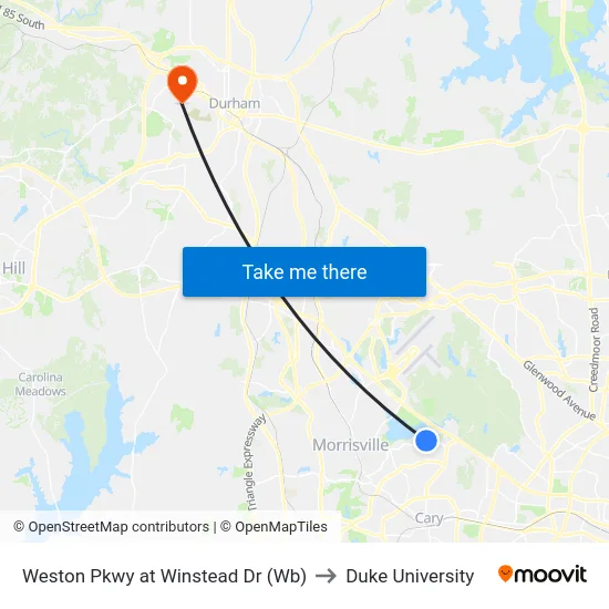 Weston Pkwy at Winstead Dr (Wb) to Duke University map