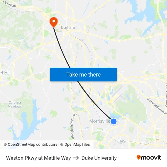 Weston Pkwy at Metlife Way to Duke University map