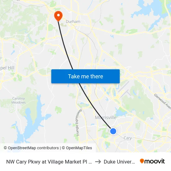 NW Cary Pkwy at Village Market Pl (Nb) to Duke University map