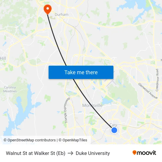 Walnut St at Walker St (Eb) to Duke University map