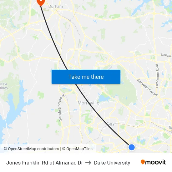 Jones Franklin Rd at Almanac Dr to Duke University map