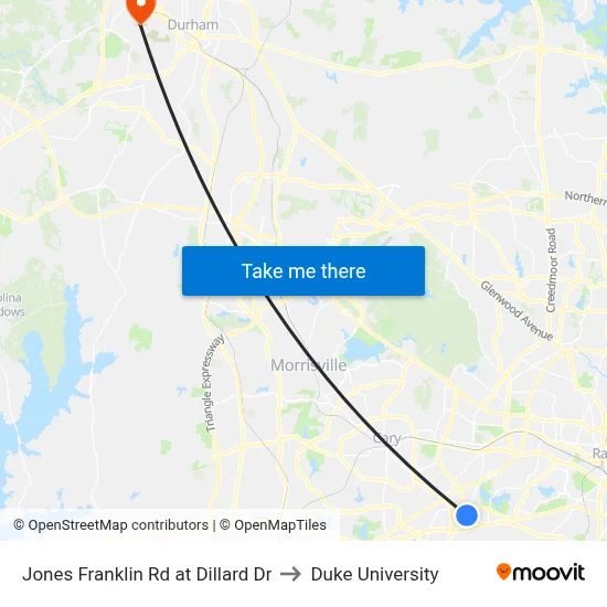 Jones Franklin Rd at Dillard Dr to Duke University map