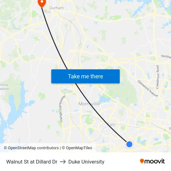 Walnut St at Dillard Dr to Duke University map