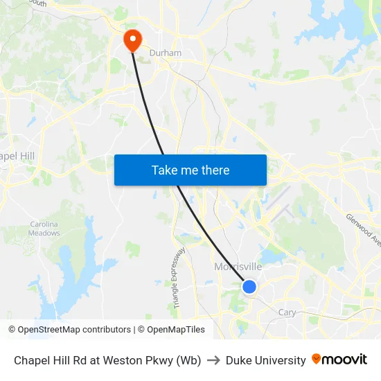 Chapel Hill Rd at Weston Pkwy (Wb) to Duke University map