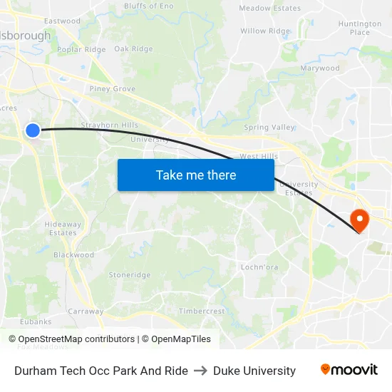 Durham Tech Occ Park And Ride to Duke University map