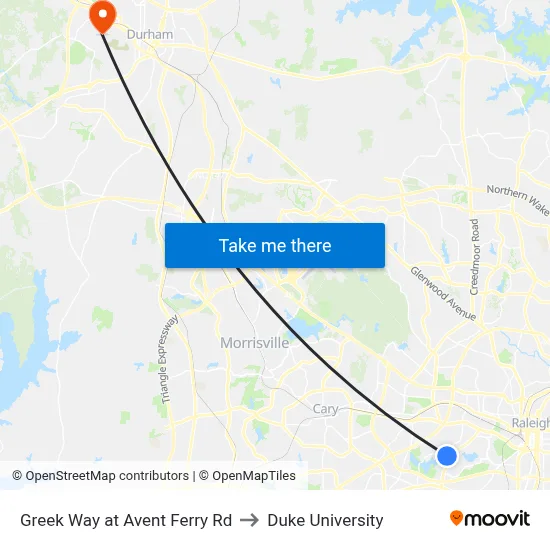 Greek Way at Avent Ferry Rd to Duke University map