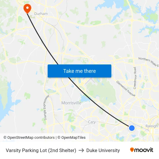 Varsity Parking Lot (2nd Shelter) to Duke University map
