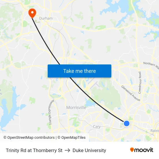 Trinity Rd at Thornberry St to Duke University map