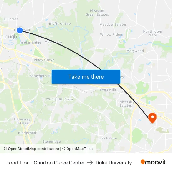 Food Lion - Churton Grove Center to Duke University map
