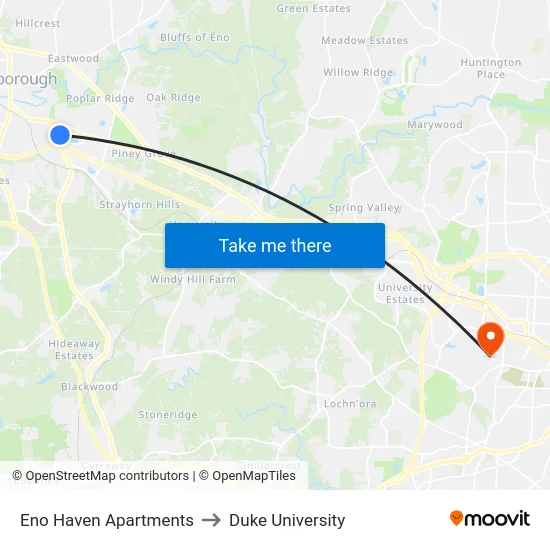 Eno Haven Apartments to Duke University map