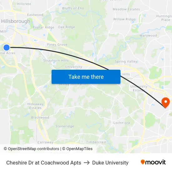 Cheshire Dr at Coachwood Apts to Duke University map