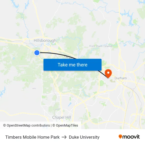 Timbers Mobile Home Park to Duke University map