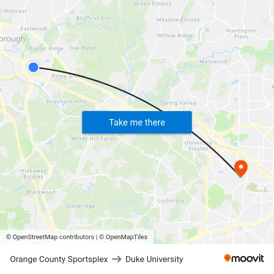 Orange County Sportsplex to Duke University map