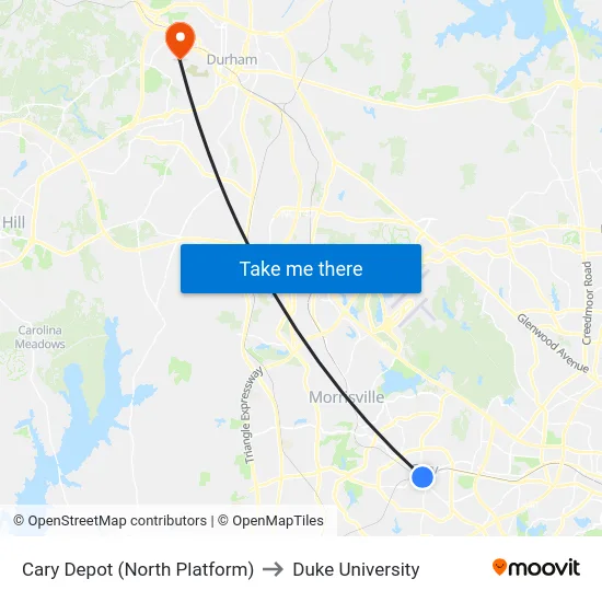 Cary Depot (North Platform) to Duke University map