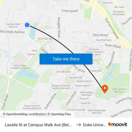 Lasalle St at Campus Walk Ave (Belmont Apts) to Duke University map