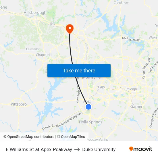 E Williams St at Apex Peakway to Duke University map