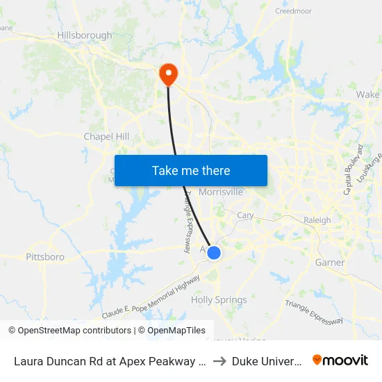 Laura Duncan Rd at Apex Peakway (Nb) to Duke University map