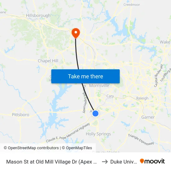 Mason St at Old Mill Village Dr (Apex Town Hall (Nb)) to Duke University map