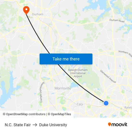 N.C. State Fair to Duke University map