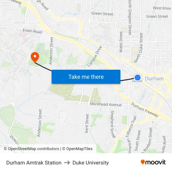 Durham Amtrak Station to Duke University map
