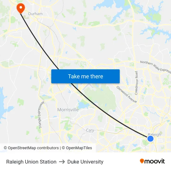 Raleigh Union Station to Duke University map