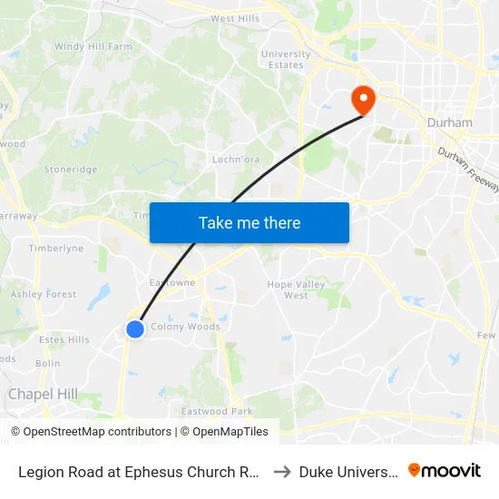Legion Road at Ephesus Church Road to Duke University map