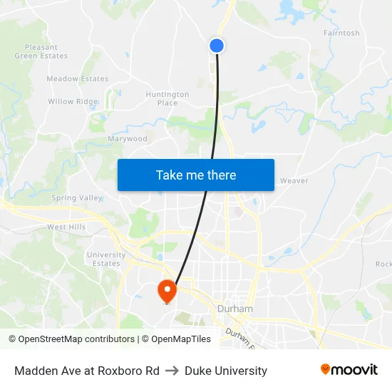 Madden Ave at Roxboro Rd to Duke University map