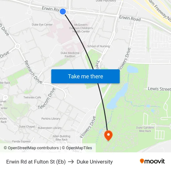 Erwin Rd at Fulton St (Eb) to Duke University map