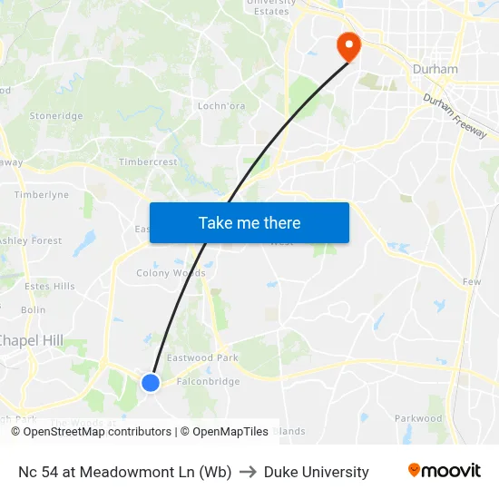 Nc 54 at Meadowmont Ln (Wb) to Duke University map