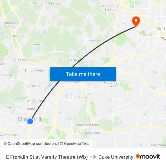 E Franklin St at Varsity Theatre (Wb) to Duke University map