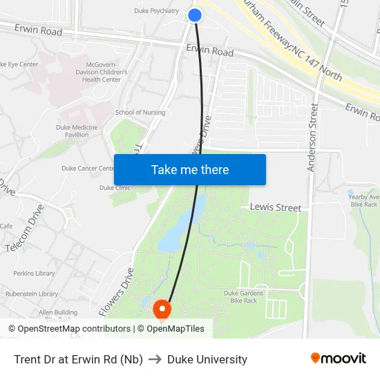 Trent Dr at Erwin Rd (Nb) to Duke University map