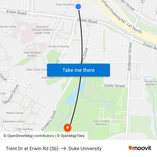 Trent Dr at Erwin Rd (Sb) to Duke University map