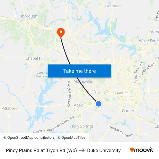 Piney Plains Rd at Tryon Rd (Wb) to Duke University map