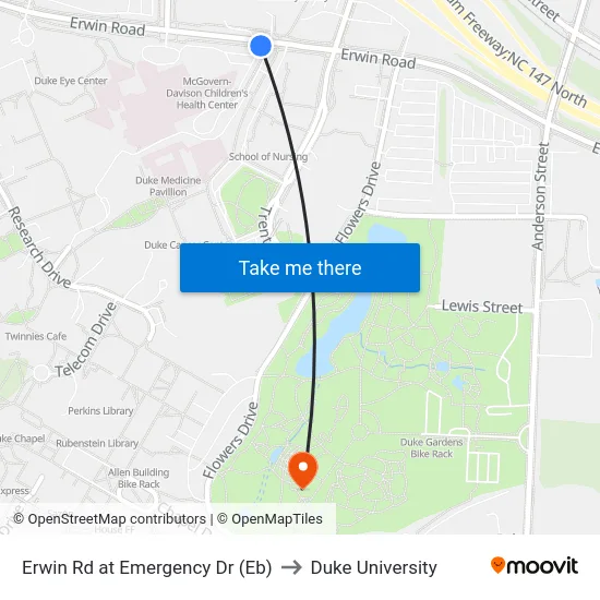 Erwin Rd at Emergency Dr (Eb) to Duke University map