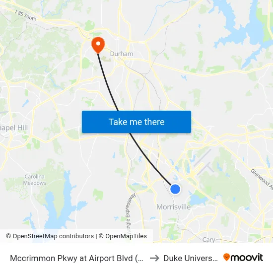 Mccrimmon Pkwy at Airport Blvd (Eb) to Duke University map