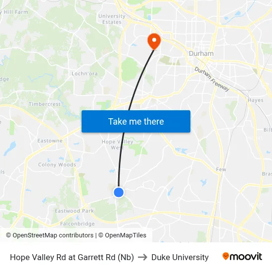 Hope Valley Rd at Garrett Rd (Nb) to Duke University map