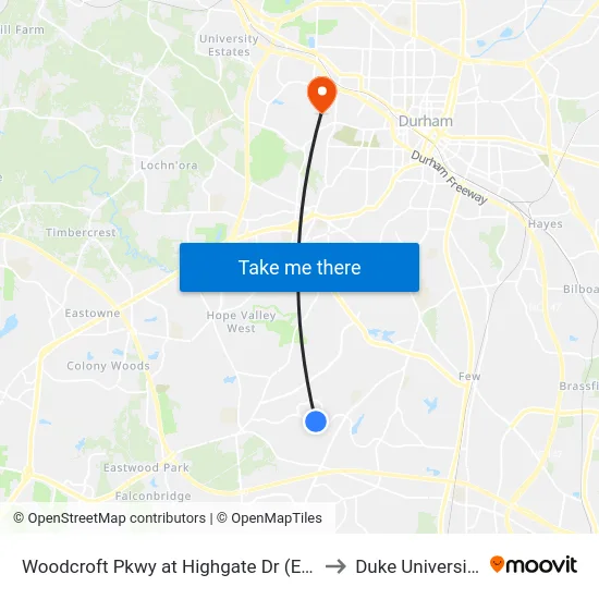 Woodcroft Pkwy at Highgate Dr (Eb) to Duke University map