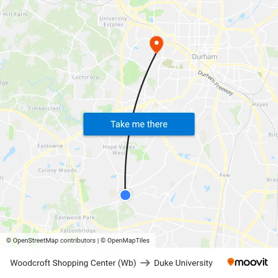 Woodcroft Shopping Center (Wb) to Duke University map