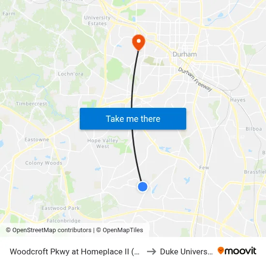 Woodcroft Pkwy at Homeplace II (Wb) to Duke University map