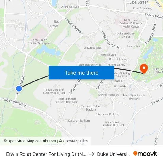 Erwin Rd at Center For Living Dr (Nb) to Duke University map