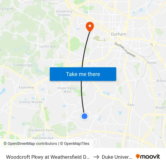 Woodcroft Pkwy at Weathersfield Dr (Wb) to Duke University map