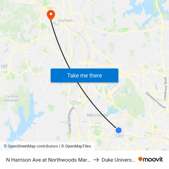 N Harrison Ave at Northwoods Market to Duke University map